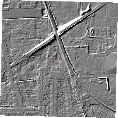 Shaded relief map of the ground around HU55DS, computed from Environment Agency LiDAR. The ground here sits at about 2 m above sea level and falls 9 m across the surrounding 800 m. Surface water reaching this point runs off ground lying to the east-south-east, 1.6 m higher.