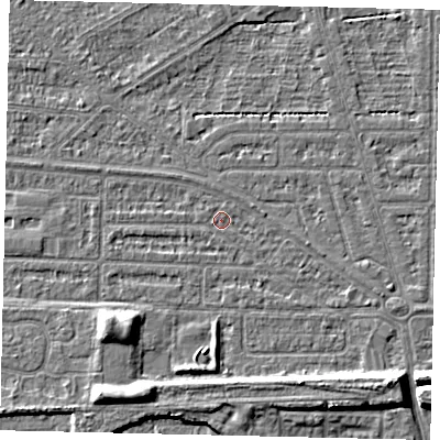 Shaded relief map of the ground around HU55DY, computed from Environment Agency LiDAR. The ground here sits at about 2 m above sea level and falls 8 m across the surrounding 800 m. Surface water reaching this point runs off ground lying to the south-east, 6.8 m higher.