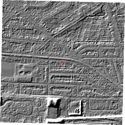 Shaded relief map of the ground around HU55DZ, computed from Environment Agency LiDAR. The ground here sits at about 2 m above sea level and falls 6 m across the surrounding 800 m. Surface water reaching this point runs off ground lying to the south, 5.0 m higher.