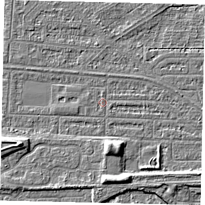 Shaded relief map of the ground around HU55EA, computed from Environment Agency LiDAR. The ground here sits at about 2 m above sea level and falls 7 m across the surrounding 800 m. Surface water reaching this point runs off ground lying to the south-south-east, 4.8 m higher.