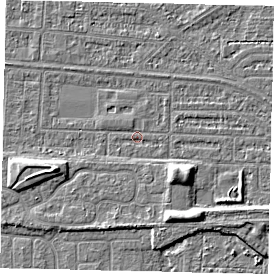 Shaded relief map of the ground around HU55ED, computed from Environment Agency LiDAR. The ground here sits at about 2 m above sea level and falls 7 m across the surrounding 800 m. Surface water reaching this point runs off ground lying to the west-south-west, 5.9 m higher.