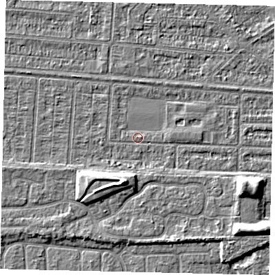 Shaded relief map of the ground around HU55EE, computed from Environment Agency LiDAR. The ground here sits at about 2 m above sea level and falls 6 m across the surrounding 800 m. Surface water reaching this point runs off ground lying to the east, 1.1 m higher.