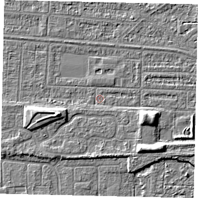 Shaded relief map of the ground around HU55EG, computed from Environment Agency LiDAR. The ground here sits at about 2 m above sea level and falls 7 m across the surrounding 800 m. Surface water reaching this point runs off ground lying to the east-south-east, 0.8 m higher.