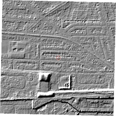 Shaded relief map of the ground around HU55EL, computed from Environment Agency LiDAR. The ground here sits at about 2 m above sea level and falls 7 m across the surrounding 800 m. The ground contributing surface water to this point lies to the west-south-west.