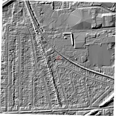 Shaded relief map of the ground around HU55EQ, computed from Environment Agency LiDAR. The ground here sits at about 2 m above sea level and falls 7 m across the surrounding 800 m. Surface water reaching this point runs off ground lying to the south-south-west, 1.8 m higher.