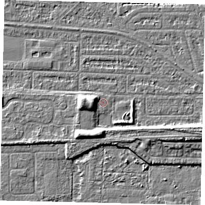 Shaded relief map of the ground around HU55ER, computed from Environment Agency LiDAR. The ground here sits at about 2 m above sea level and falls 6 m across the surrounding 800 m. Surface water reaching this point runs off ground lying to the west, 4.0 m higher.