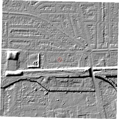 Shaded relief map of the ground around HU55ET, computed from Environment Agency LiDAR. The ground here sits at about 2 m above sea level and falls 7 m across the surrounding 800 m. Surface water reaching this point runs off ground lying to the east-south-east, 6.6 m higher.