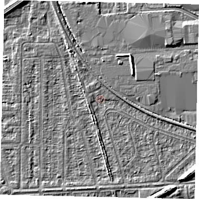 Shaded relief map of the ground around HU55EW, computed from Environment Agency LiDAR. The ground here sits at about 2 m above sea level and falls 7 m across the surrounding 800 m. Surface water reaching this point runs off ground lying to the south, 1.8 m higher.