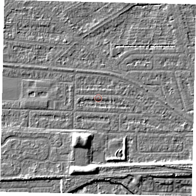 Shaded relief map of the ground around HU55EZ, computed from Environment Agency LiDAR. The ground here sits at about 2 m above sea level and falls 6 m across the surrounding 800 m. Surface water reaching this point runs off ground lying to the west, 0.9 m higher.