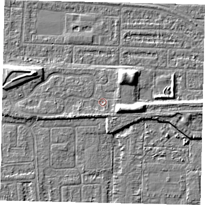 Shaded relief map of the ground around HU55FD, computed from Environment Agency LiDAR. The ground here sits at about 3 m above sea level and falls 6 m across the surrounding 800 m. Surface water reaching this point runs off ground lying to the east-south-east, 3.9 m higher.