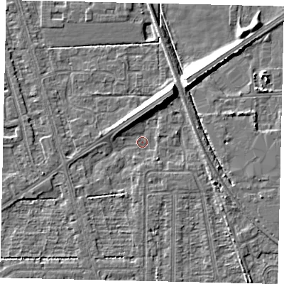 Shaded relief map of the ground around HU55GA, computed from Environment Agency LiDAR. The ground here sits at about 1 m above sea level and falls 9 m across the surrounding 800 m. Surface water reaching this point runs off ground lying to the south-south-west, 1.5 m higher.
