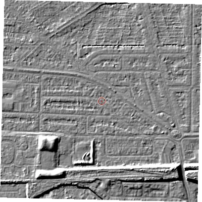 Shaded relief map of the ground around HU55HA, computed from Environment Agency LiDAR. The ground here sits at about 2 m above sea level and falls 8 m across the surrounding 800 m. Surface water reaching this point runs off ground lying to the south-east, 6.8 m higher.