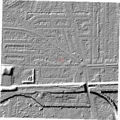 Shaded relief map of the ground around HU55HB, computed from Environment Agency LiDAR. The ground here sits at about 2 m above sea level and falls 8 m across the surrounding 800 m. Surface water reaching this point runs off ground lying to the south-east, 6.7 m higher.