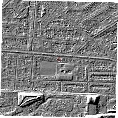 Shaded relief map of the ground around HU55HH, computed from Environment Agency LiDAR. The ground here sits at about 2 m above sea level and falls 7 m across the surrounding 800 m. Surface water reaching this point runs off ground lying to the south-south-east, 1.1 m higher.