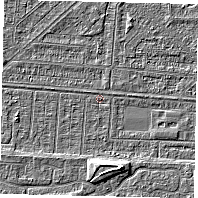 Shaded relief map of the ground around HU55HJ, computed from Environment Agency LiDAR. The ground here sits at about 2 m above sea level and falls 6 m across the surrounding 800 m. Surface water reaching this point runs off ground lying to the east-north-east, 0.8 m higher.