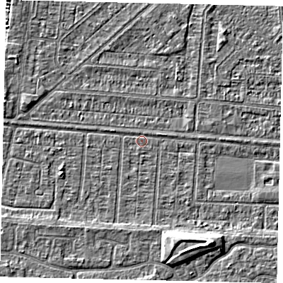 Shaded relief map of the ground around HU55HP, computed from Environment Agency LiDAR. The ground here sits at about 2 m above sea level and falls 6 m across the surrounding 800 m. Surface water reaching this point runs off ground lying to the west-south-west, 2.2 m higher.