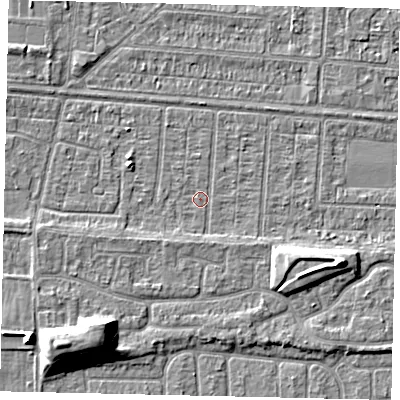 Shaded relief map of the ground around HU55HS, computed from Environment Agency LiDAR. The ground here sits at about 2 m above sea level and falls 9 m across the surrounding 800 m. Surface water reaching this point runs off ground lying to the south-south-east, 1.2 m higher.