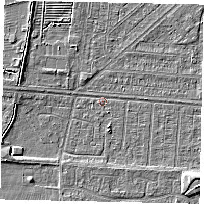 Shaded relief map of the ground around HU55HY, computed from Environment Agency LiDAR. The ground here sits at about 2 m above sea level and falls 5 m across the surrounding 800 m. Surface water reaching this point runs off ground lying to the west-south-west, 3.1 m higher.