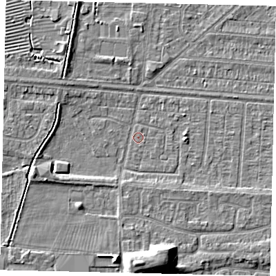 Shaded relief map of the ground around HU55HZ, computed from Environment Agency LiDAR. The ground here sits at about 2 m above sea level and falls 9 m across the surrounding 800 m. The ground contributing surface water to this point lies to the north-north-east.