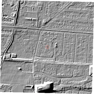 Shaded relief map of the ground around HU55JA, computed from Environment Agency LiDAR. The ground here sits at about 2 m above sea level and falls 9 m across the surrounding 800 m. The ground contributing surface water to this point lies to the north-west.