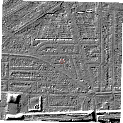 Shaded relief map of the ground around HU55JL, computed from Environment Agency LiDAR. The ground here sits at about 2 m above sea level and falls 8 m across the surrounding 800 m. Surface water reaching this point runs off ground lying to the south-south-east, 1.0 m higher.