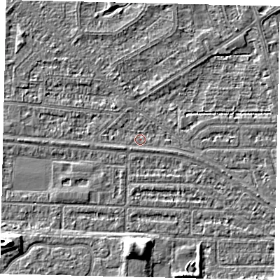 Shaded relief map of the ground around HU55JN, computed from Environment Agency LiDAR. The ground here sits at about 2 m above sea level and falls 7 m across the surrounding 800 m. Surface water reaching this point runs off ground lying to the east-south-east, 0.9 m higher.