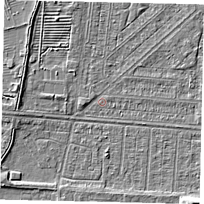 Shaded relief map of the ground around HU55JX, computed from Environment Agency LiDAR. The ground here sits at about 2 m above sea level and falls 5 m across the surrounding 800 m. Surface water reaching this point runs off ground lying to the west, 2.9 m higher.