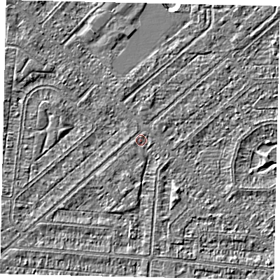 Shaded relief map of the ground around HU55LB, computed from Environment Agency LiDAR. The ground here sits at about 2 m above sea level and falls 3 m across the surrounding 800 m. Surface water reaching this point runs off ground lying to the south, 0.9 m higher.