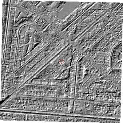 Shaded relief map of the ground around HU55LD, computed from Environment Agency LiDAR. The ground here sits at about 2 m above sea level and falls 2 m across the surrounding 800 m. Surface water reaching this point runs off ground lying to the south-east, 0.7 m higher.