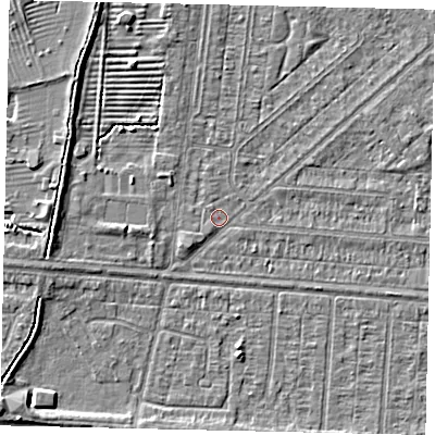 Shaded relief map of the ground around HU55LG, computed from Environment Agency LiDAR. The ground here sits at about 2 m above sea level and falls 4 m across the surrounding 800 m. Surface water reaching this point runs off ground lying to the north-north-west, 3.8 m higher.