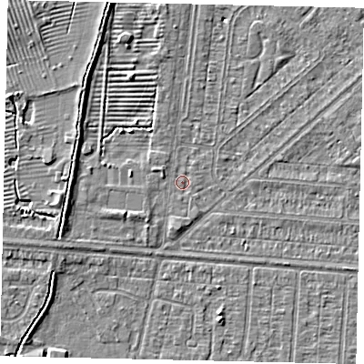 Shaded relief map of the ground around HU55LJ, computed from Environment Agency LiDAR. The ground here sits at about 2 m above sea level and falls 4 m across the surrounding 800 m. Surface water reaching this point runs off ground lying to the north-north-west, 3.8 m higher.