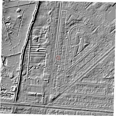 Shaded relief map of the ground around HU55LL, computed from Environment Agency LiDAR. The ground here sits at about 2 m above sea level and falls 5 m across the surrounding 800 m. Surface water reaching this point runs off ground lying to the north, 1.3 m higher.
