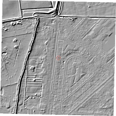 Shaded relief map of the ground around HU55LN, computed from Environment Agency LiDAR. The ground here sits at about 3 m above sea level and falls 6 m across the surrounding 800 m. Surface water reaching this point runs off ground lying to the north, 1.3 m higher.