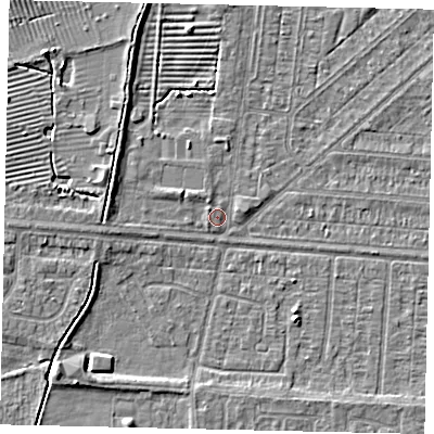 Shaded relief map of the ground around HU55LQ, computed from Environment Agency LiDAR. The ground here sits at about 3 m above sea level and falls 4 m across the surrounding 800 m. Surface water reaching this point runs off ground lying to the north-north-west, 1.0 m higher.