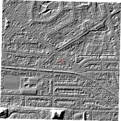 Shaded relief map of the ground around HU55LT, computed from Environment Agency LiDAR. The ground here sits at about 2 m above sea level and falls 7 m across the surrounding 800 m. Surface water reaching this point runs off ground lying to the south-east, 1.7 m higher.