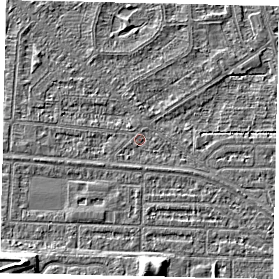 Shaded relief map of the ground around HU55LU, computed from Environment Agency LiDAR. The ground here sits at about 2 m above sea level and falls 7 m across the surrounding 800 m. Surface water reaching this point runs off ground lying to the north, 1.2 m higher.