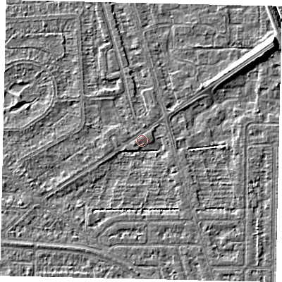 Shaded relief map of the ground around HU55NA, computed from Environment Agency LiDAR. The ground here sits at about 2 m above sea level and falls 7 m across the surrounding 800 m. Surface water reaching this point runs off ground lying to the south-south-west, 1.7 m higher.