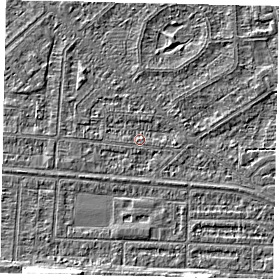 Shaded relief map of the ground around HU55ND, computed from Environment Agency LiDAR. The ground here sits at about 2 m above sea level and falls 5 m across the surrounding 800 m. Surface water reaching this point runs off ground lying to the south-east, 0.8 m higher.