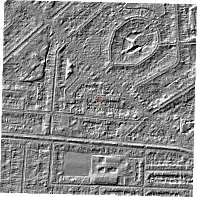 Shaded relief map of the ground around HU55NH, computed from Environment Agency LiDAR. The ground here sits at about 2 m above sea level and falls 2 m across the surrounding 800 m. Surface water reaching this point runs off ground lying to the west, 1.1 m higher.