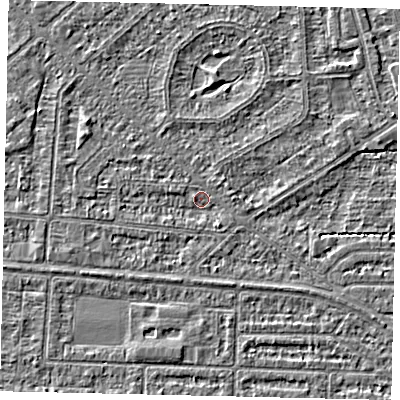 Shaded relief map of the ground around HU55NJ, computed from Environment Agency LiDAR. The ground here sits at about 2 m above sea level and falls 2 m across the surrounding 800 m. Surface water reaching this point runs off ground lying to the east, 1.2 m higher.