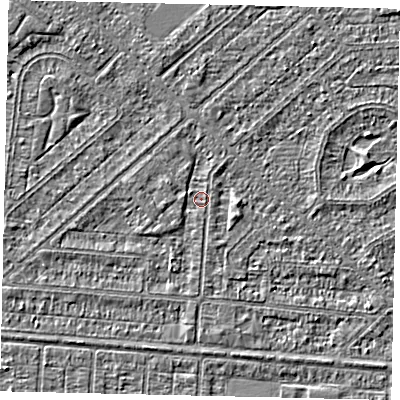 Shaded relief map of the ground around HU55NS, computed from Environment Agency LiDAR. The ground here sits at about 2 m above sea level and falls 2 m across the surrounding 800 m. Surface water reaching this point runs off ground lying to the east, 1.3 m higher.