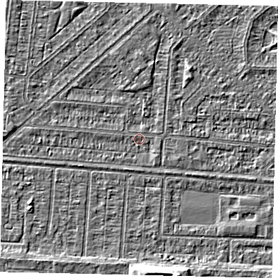 Shaded relief map of the ground around HU55NU, computed from Environment Agency LiDAR. The ground here sits at about 2 m above sea level and falls 6 m across the surrounding 800 m. Surface water reaching this point runs off ground lying to the north-east, 1.4 m higher.