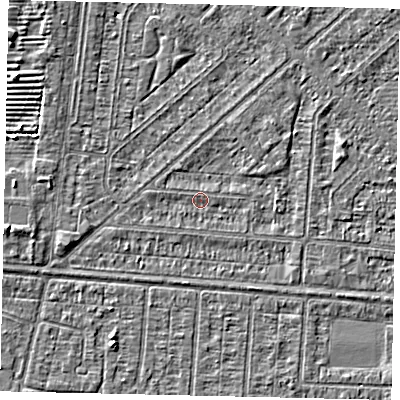 Shaded relief map of the ground around HU55NZ, computed from Environment Agency LiDAR. The ground here sits at about 2 m above sea level and falls 3 m across the surrounding 800 m. Surface water reaching this point runs off ground lying to the west, 1.9 m higher.