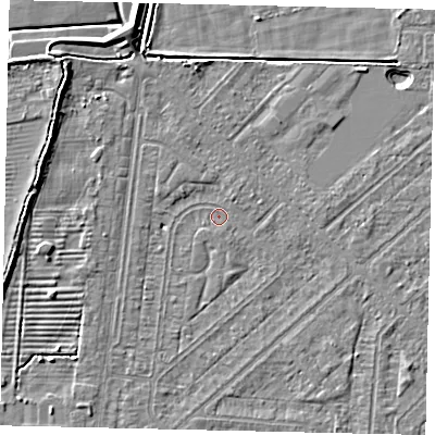 Shaded relief map of the ground around HU55PT, computed from Environment Agency LiDAR. The ground here sits at about 2 m above sea level and falls 5 m across the surrounding 800 m. Surface water reaching this point runs off ground lying to the north-west, 1.1 m higher.