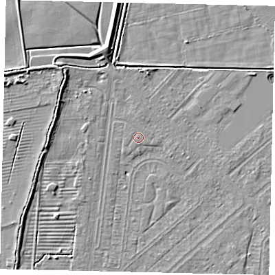 Shaded relief map of the ground around HU55PY, computed from Environment Agency LiDAR. The ground here sits at about 3 m above sea level and falls 6 m across the surrounding 800 m. The ground contributing surface water to this point lies to the north-west.