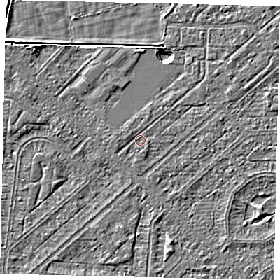 Shaded relief map of the ground around HU55QL, computed from Environment Agency LiDAR. The ground here sits at about 2 m above sea level and falls 3 m across the surrounding 800 m. Surface water reaching this point runs off ground lying to the west, 0.6 m higher.