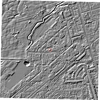 Shaded relief map of the ground around HU55QR, computed from Environment Agency LiDAR. The ground here sits at about 2 m above sea level and falls 4 m across the surrounding 800 m. Surface water reaching this point runs off ground lying to the east-south-east, 0.7 m higher.