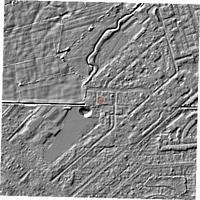 Shaded relief map of the ground around HU55QT, computed from Environment Agency LiDAR. The ground here sits at about 2 m above sea level and falls 4 m across the surrounding 800 m. Surface water reaching this point runs off ground lying to the west-south-west, 2.4 m higher.