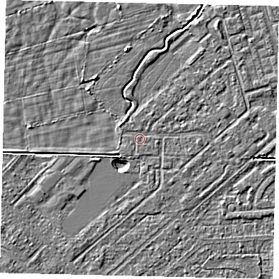 Shaded relief map of the ground around HU55QU, computed from Environment Agency LiDAR. The ground here sits at about 2 m above sea level and falls 4 m across the surrounding 800 m. Surface water reaching this point runs off ground lying to the west-south-west, 2.4 m higher.