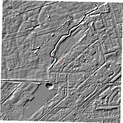 Shaded relief map of the ground around HU55QX, computed from Environment Agency LiDAR. The ground here sits at about 2 m above sea level and falls 4 m across the surrounding 800 m. Surface water reaching this point runs off ground lying to the north-east, 1.2 m higher.